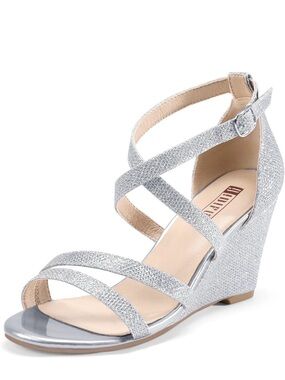 IDIFU Silver Glitter Strappy Wedge Sandals